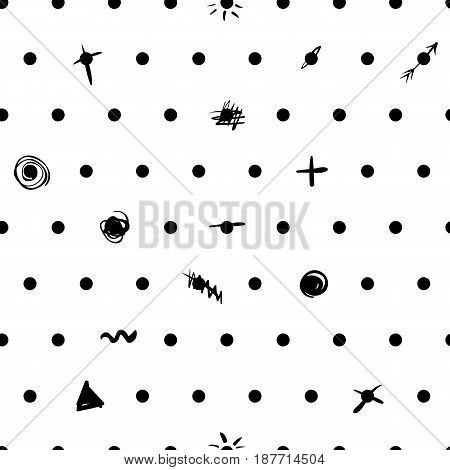 Vector seamless patern with dots and symbols. Black and white minimalism.