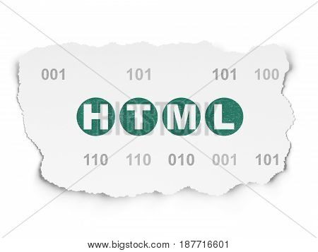 Programming concept: Painted green text Html on Torn Paper background with  Binary Code