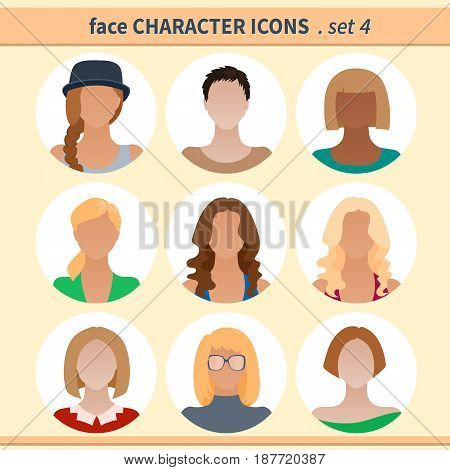 Female faces avatars. Character icons. Vector illustration set 4