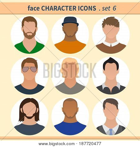 Male faces avatars. Character icons. Vector illustration set 6