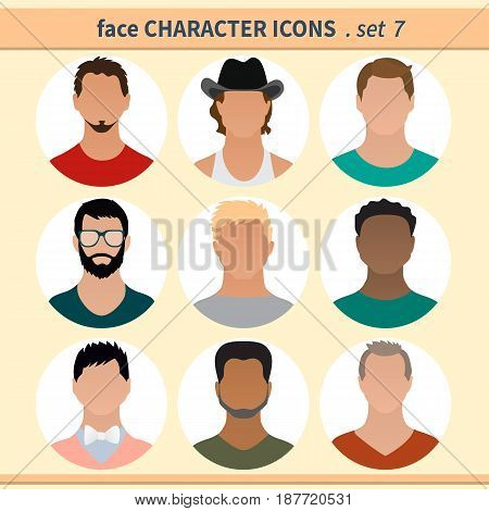 Male faces avatars. Character icons. Vector illustration set 7