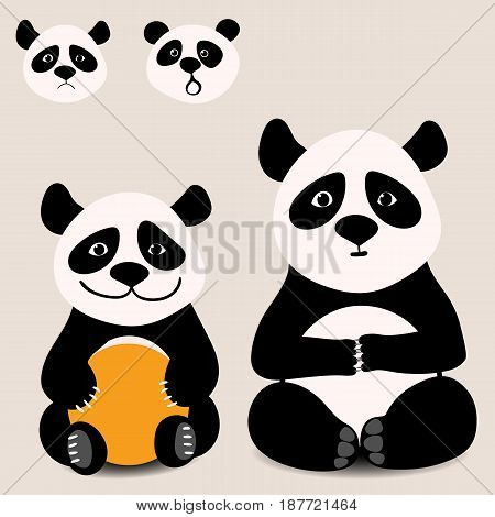 Baby funny cartoon bear panda sitting on a white background, with various emotions. Vector illustration.