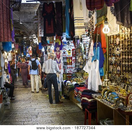 Jerusalem Israel May 08 2017 : famous Souk El Bazaar large tourist market the heart of eastern spirit