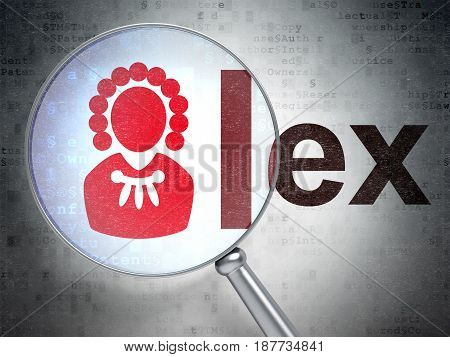 Law concept: magnifying optical glass with Judge icon and Lex word on digital background, 3D rendering