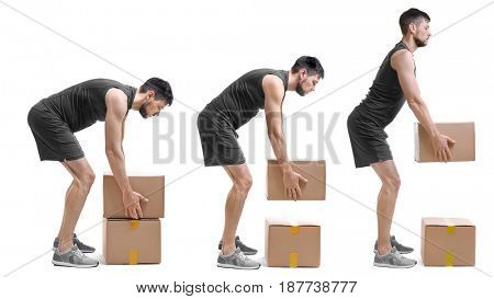 Rehabilitation concept. Collage of man with poor posture lifting heavy cardboard box on white background
