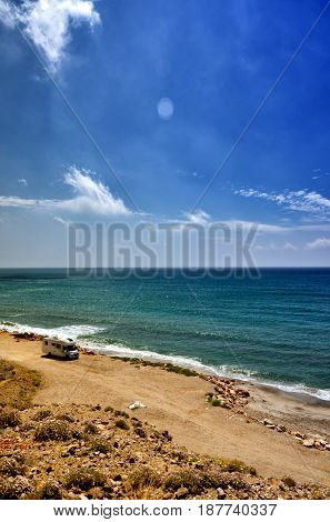 Holiday at the sea in a caravan, free camping on the beach with a motorhome