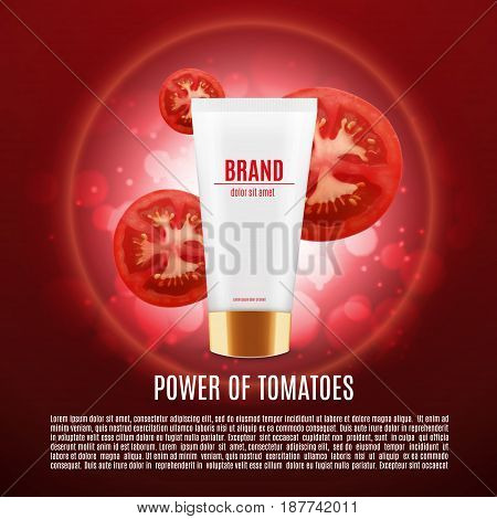 Cosmetic ads template. Skin care cosmetic cream. Moisturizing cream based tomatoes. Vector illustration for cosmetic ads or magazine. EPS10 vector
