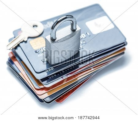 Credit cards and simle mechanical lock. Security concept.