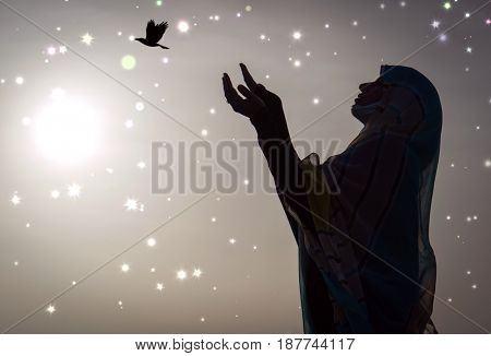  Copy space of silhouette woman rising hands on sunset sky double exposure colorful bokeh and bird fly background. Vintage tone filter effect color style.