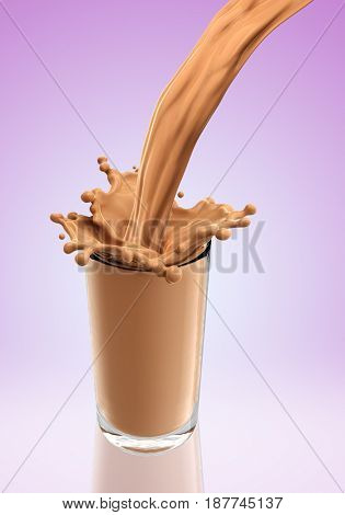 Splash of chocolate milk from the glass .Pink background. 3d rendering