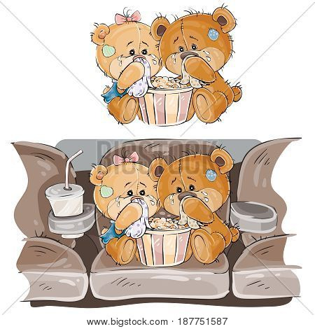 Vector illustration of a couple of brown teddy bears sitting in the cinema hall and watching a movie, melodrama. Print, template, design element