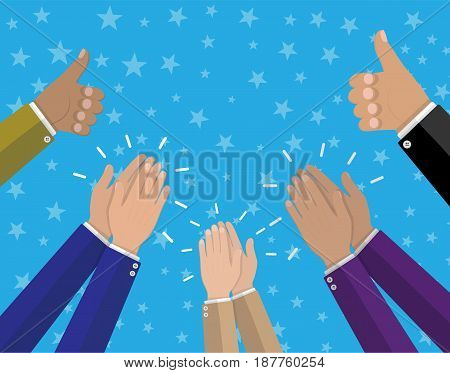 Human hands clapping. Applaud hands and hold thumbs up. Vector illustration in flat style