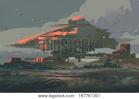 digital art of sci-fi concept with the futuristic colony on a planet with mega structures, illustration painting