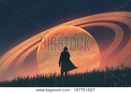 night scene of the man standing on field against the planet with rings, illustration painting