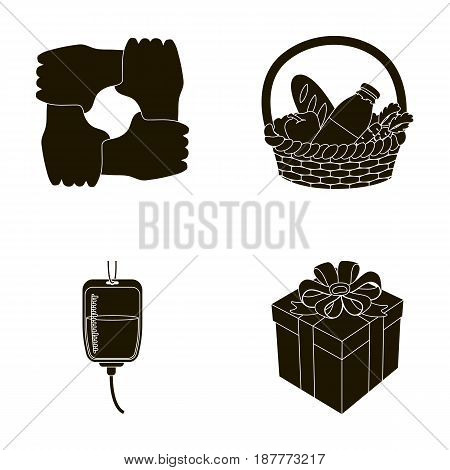 Gesture of the hands in support, a basket with food for charity, donor blood, a gift donation box. Charity and donation set collection icons in black style vector symbol stock illustration .