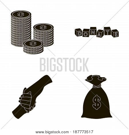 A pile of coins for donations, colored cubes with an inscription, a handshake, a bag of money for donations. Charity and donation set collection icons in black style vector symbol stock illustration .