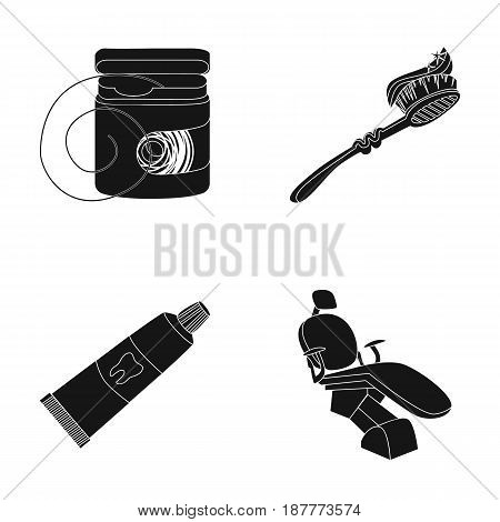 Dental floss, toothbrush, toothpaste, dental chair. Dental care set collection icons in black style vector symbol stock illustration .
