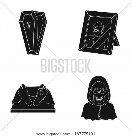 Coffin with a lid and a cross, a photograph of the deceased with a mourning ribbon, a corpse on the table with a tag in the morgue, death in a hood. Funeral ceremony set collection icons in black style vector symbol stock illustration .