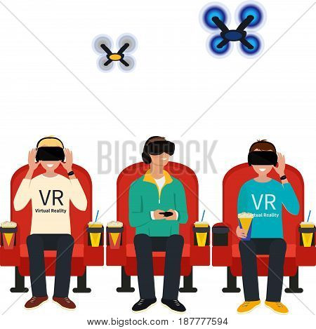 A man flying drone with remote control. Drone racing concept. Vector flat design illustration on background. -stock vector
