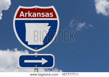 Road trip to Arkansas Red white and blue interstate highway road sign with word Arkansas and map of Arkansas with sky background 3D Illustration