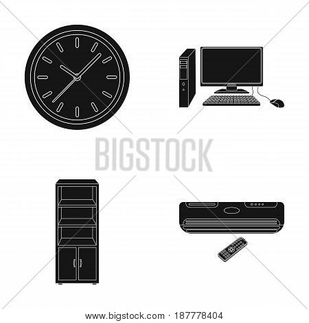 Clock with arrows, a computer with accessories for work in the office, a cabinet for storing business papers, air conditioning with remote control. Office Furniture set collection icons in black style vector symbol stock illustration .