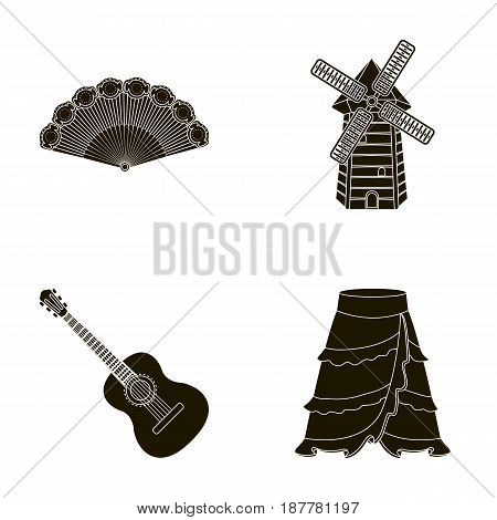 Fan Spanish, mill, guitar, skirt for national Spanish dances. Spain country set collection icons in black style vector symbol stock illustration .