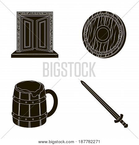 A gate to the treasure, a shield for protection, a mug with a bra, a sword. Vikings set collection icons in black style vector symbol stock illustration .