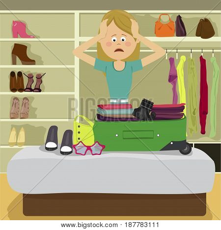 Shocked woman looking at overfilled suitcase in her bed room