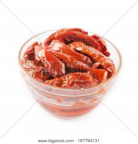 Italian appetizer - sundried tomato in bowl on the white background.