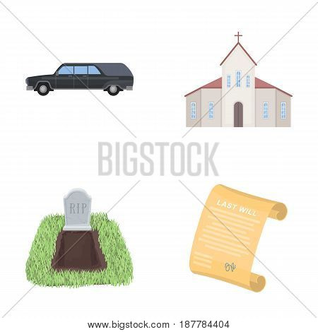 Black cadillac to transport the grave of the deceased, a church for a funeral ceremony, a grave with a tombstone, a death certificate. Funeral ceremony set collection icons in cartoon style vector symbol stock illustration .