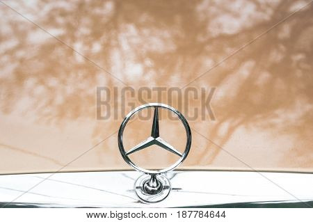 MOSCOW, RUSSIA - May 21, 2017. Mercedes-Benz emblem logo on car