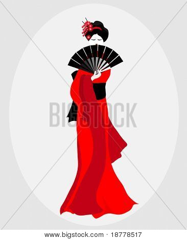 Un'illustrazione di una Geisha vestita di rosso e nero