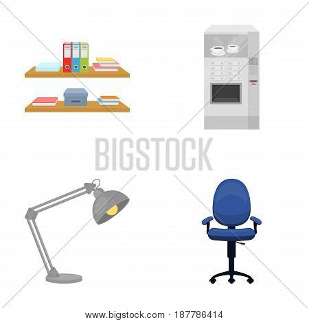 Shelves, folders and notebooks with business records, a coffee machine with cups, an armchair with a backrest on wheels, a desk lamp. Office Furniture set collection icons in cartoon style vector symbol stock illustration .