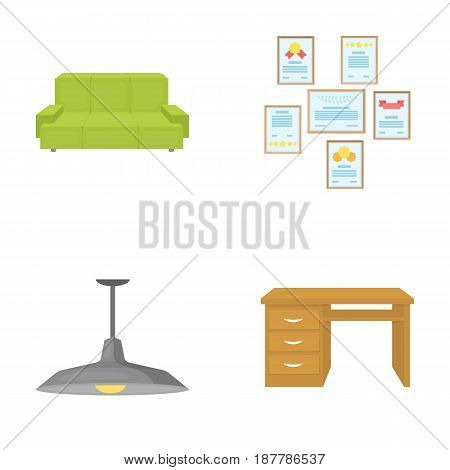 Comfortable sofa, letters and diplomas within the framework, an office ceiling lamp, a desk with drawers. Office Furniture set collection icons in cartoon style vector symbol stock illustration .