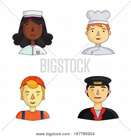 A nurse in a dressing gown, a cook in a hood, a builder in a helmet, a taxi driver in a cap. People of different professions set collection icons in cartoon style vector symbol stock illustration .