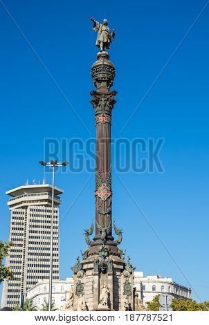 The Columbus Monument is a 60 m tall monument to Christopher Columbus at the lower end of La Rambla Barcelona Catalonia Spain