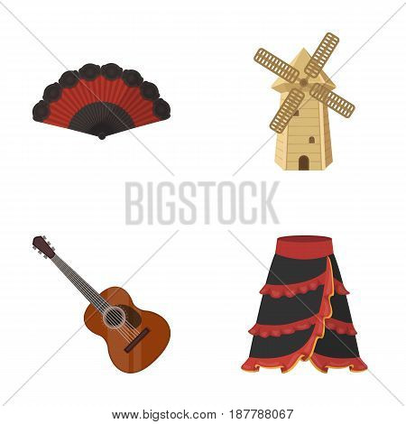 Fan Spanish, mill, guitar, skirt for national Spanish dances. Spain country set collection icons in cartoon style vector symbol stock illustration .