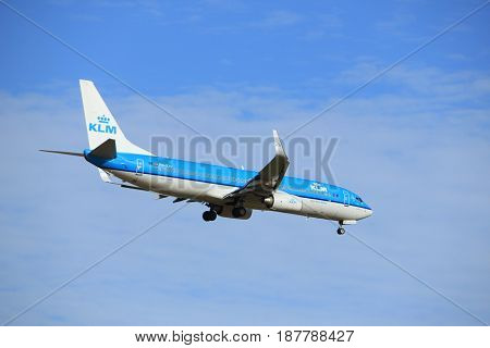 Amsterdam the Netherlands - July 15th 2016:PH-BXV KLM Royal Dutch Airlines Boeing 737 approaching Polderbaan runway at Schiphol Amsterdam Airport arriving from Toulouse France