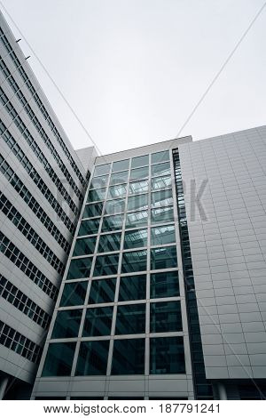 The Hague The Netherlands - August 7 2016: The Hague City Hall. It was designed by American architect Richard Meier. Low angle view