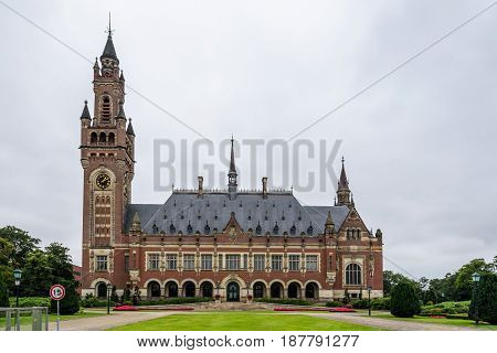 The Hague The Netherlands - August 7 2016: The Peace Palace a cloudy day of summer. It is an international law administrative building in The Hague the Netherlands