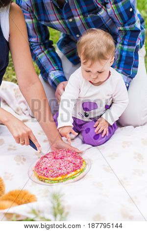 Happy young mother and father with their baby daughter relaxing on a blanket in a park celebrating with birthday cake.