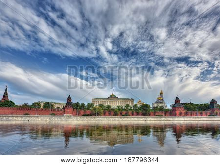 View of the Kremlin, Moskva-river and the Kremlin embankment. Moscow, Russia.