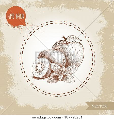 hand drawn sketch style healthy fruits. Apple kiwi fruits and mint branch. Eco fruit vector illustration. Healthy fruits and herbs.