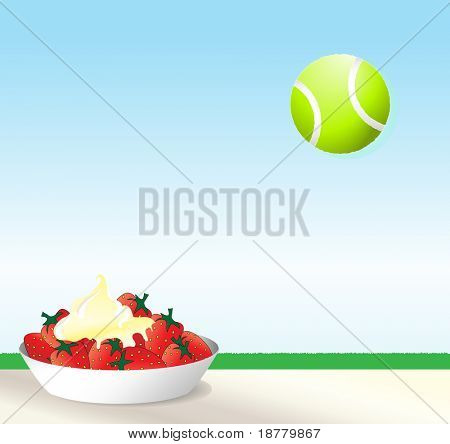 Uma ilustração de morangos e creme com uma bola de tênis contra o céu azul. Sagacidade do conceito de Wimbledon
