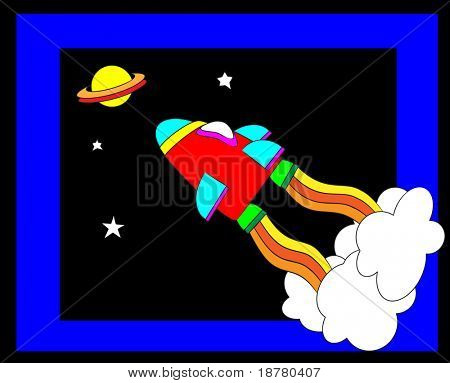 Ilustrace kosmické lodi letící směrem k planetě. Kreslený styl. K dispozici také ve vektorovém tvaru