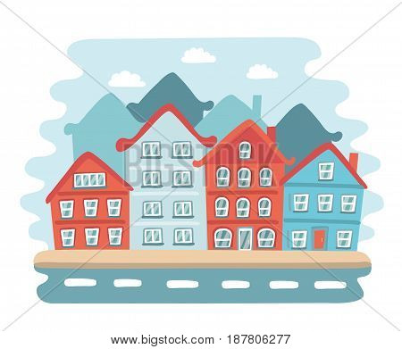 Vector illustration of buildings in a town. Cartoon landscape