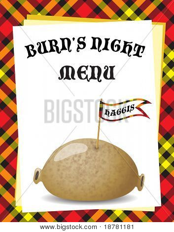 Menuen skabelon for en 'Burn's Night' middag. Traditionelle haggis på Tartan baggrund. Også tilgængelig