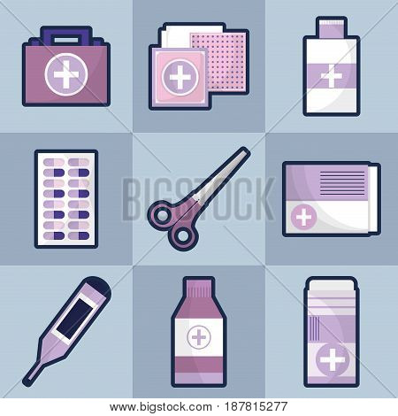 set medical tratment with first aid tools, vector illustration