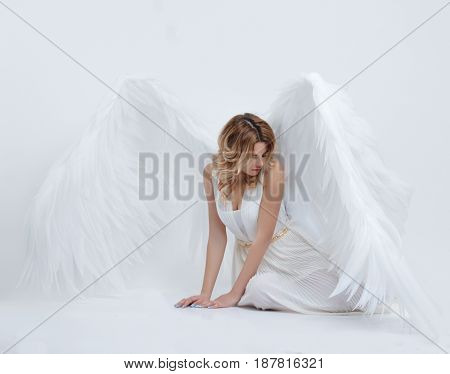 beautiful young model with big angel wings sitting in the studio. white background.