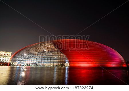 Beijing China - May 18 2017; National Grand Theater night view, in the west side of Beijing Tiananmen Square. Beijing China